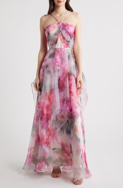 Floral Print Strap Ballgown