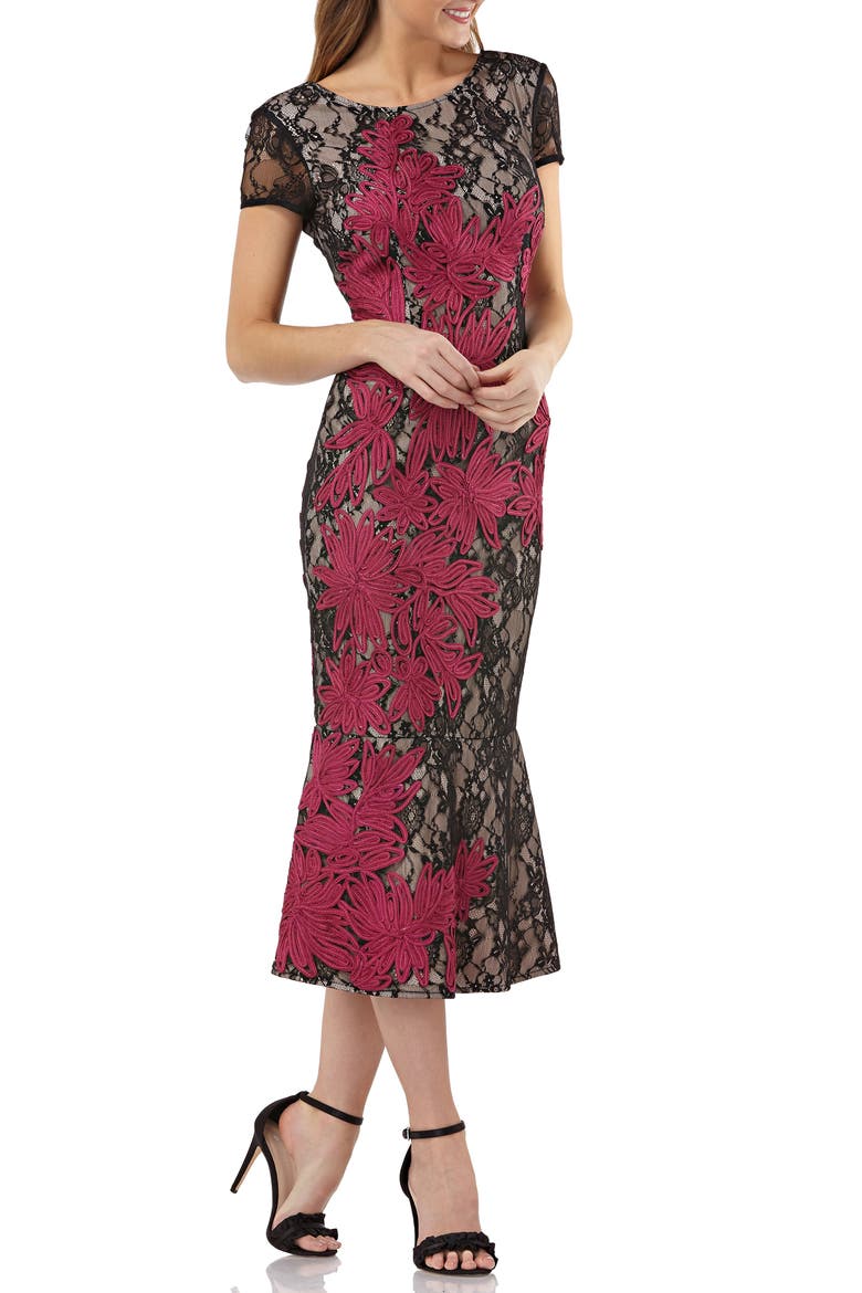 Soutache Embroidered Lace Midi Dress, Main, color, BLACK/ MAGENTA