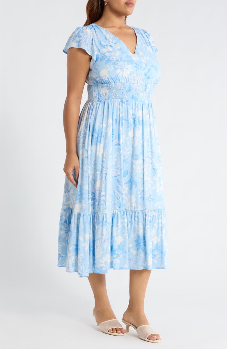 SUGARLIPS Seraphina Floral Maye Smocked Midi Dress, Alternate, color, White-Blue-Multi