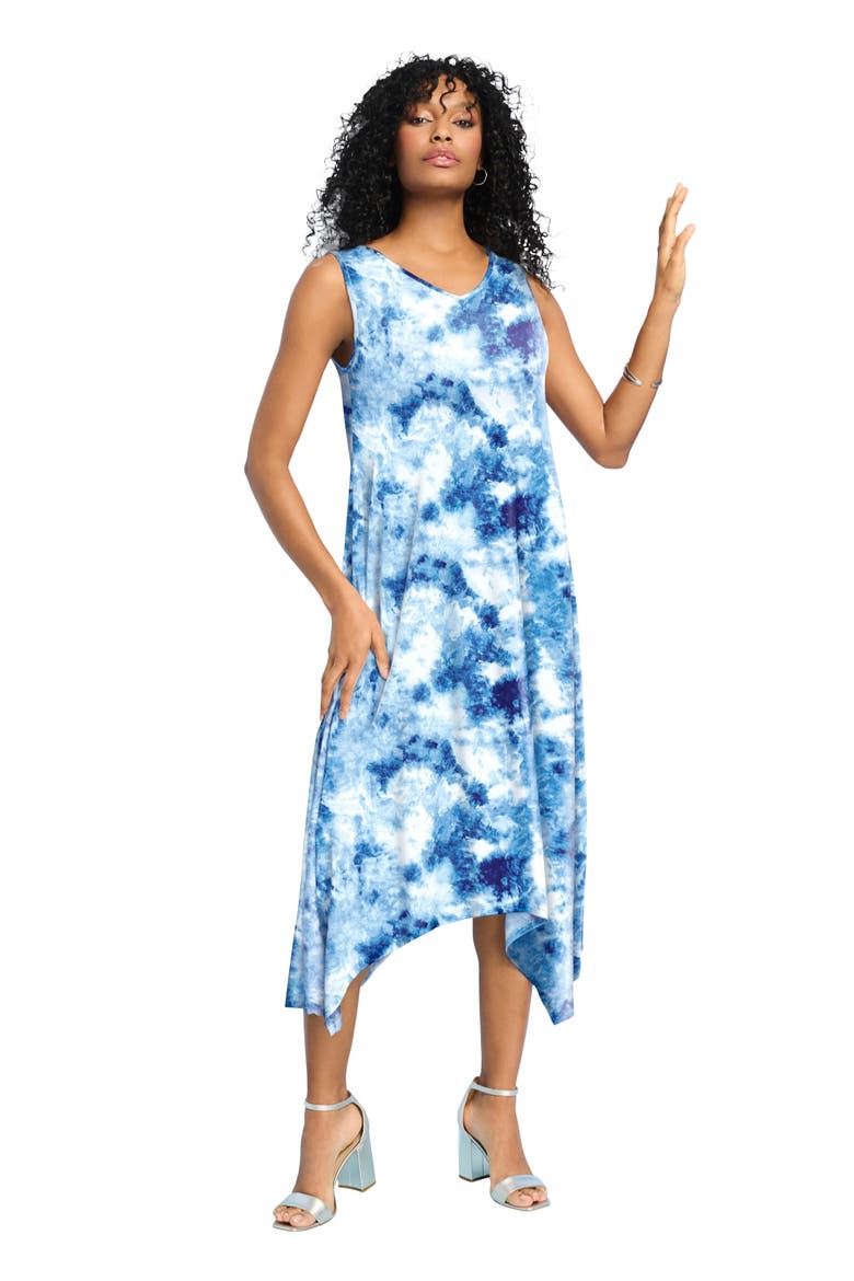 Plus Size Stretch Knit Mid Length Sleeveless Swing Dress, Main, color, BLUE TEXTURED TIE DYE