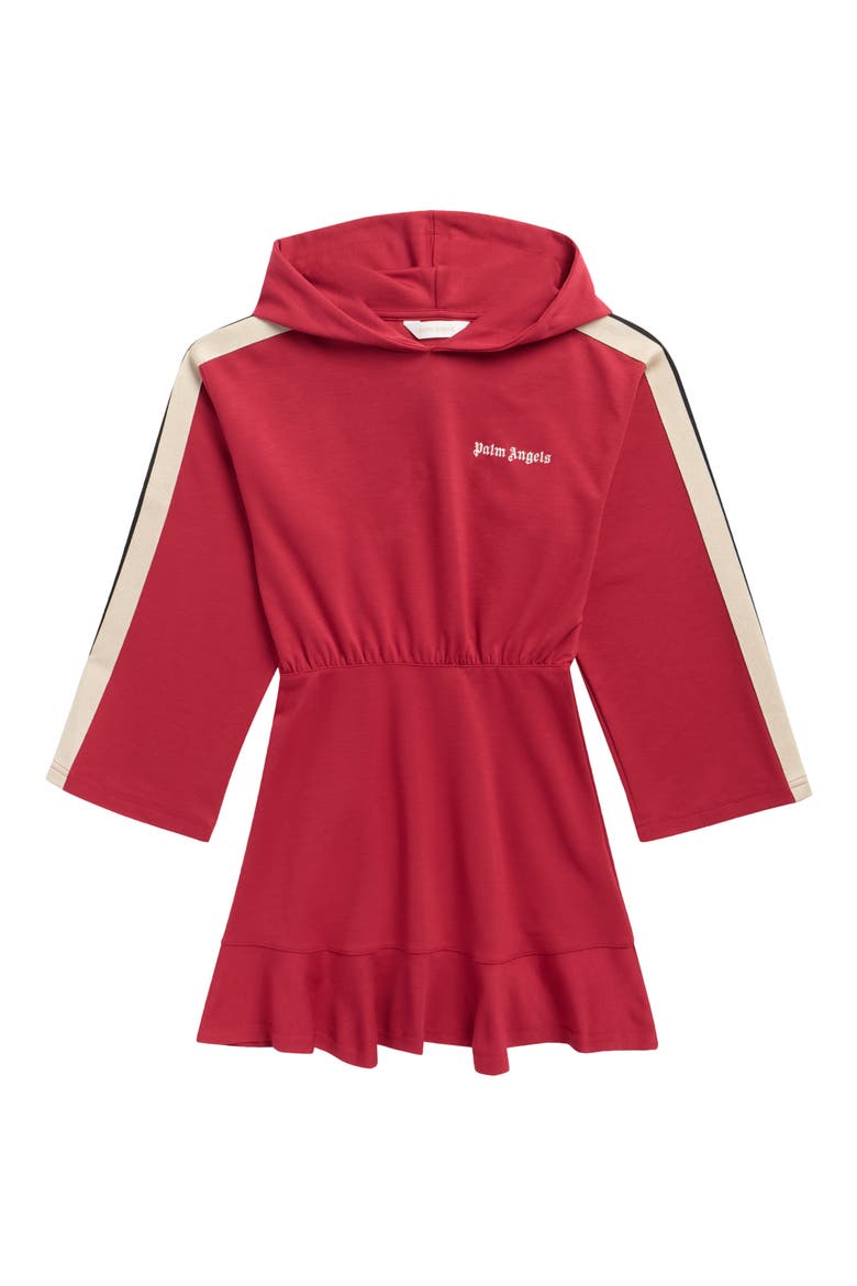 Kids' New Track Hoodie Dress, Main, color, BRICK RED - OFF WHITE