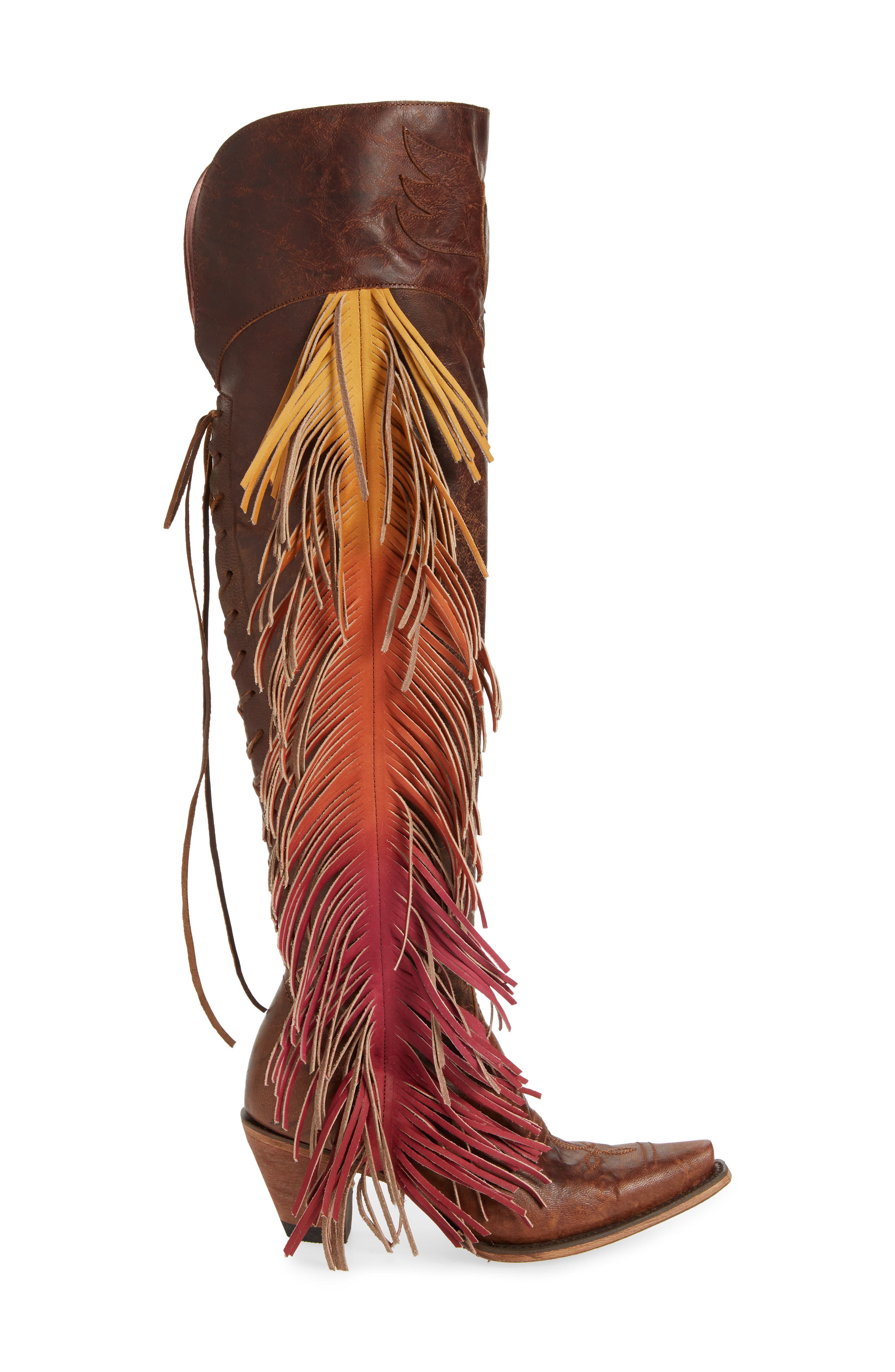 Fringe Over the Knee Western Boot, Alternate, color, BROWN LEATHER