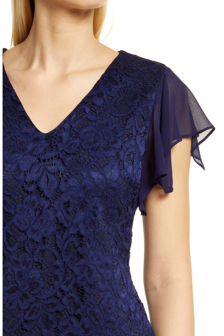Flutter Sleeve Lace & Chiffon Dress, Alternate, color, NAVY