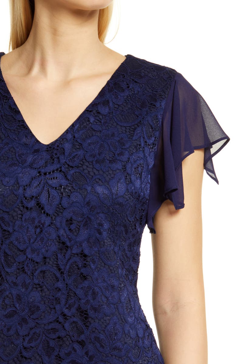 Sam Edelman Flutter Sleeve Lace & Chiffon Dress, Alternate, color, Navy
