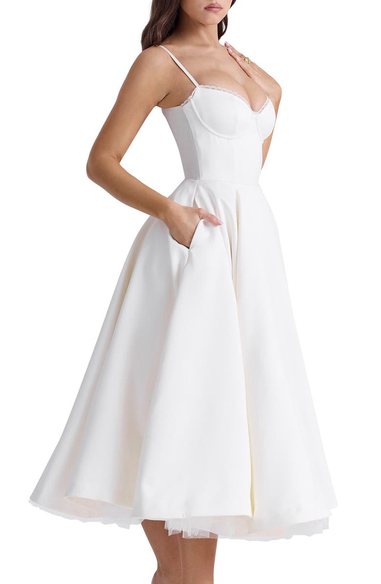 HOUSE OF CB Mademoiselle Bustier Stretch Satin Midi Cocktail Dress, Alternate, color, Ivory