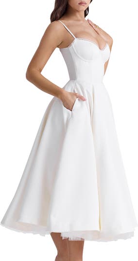 Mademoiselle Bustier Stretch Satin Midi Cocktail Dress