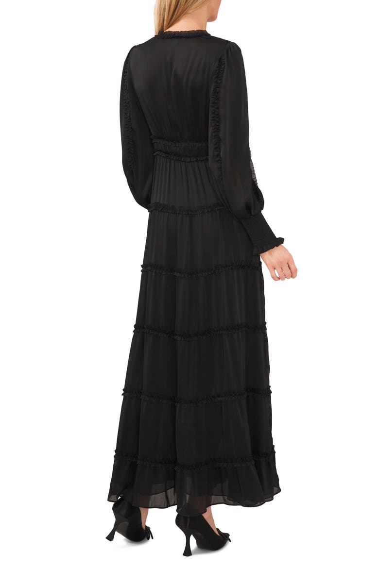 Ruffle Long Sleeve Satin Maxi Dress, Alternate, color, RICH BLACK