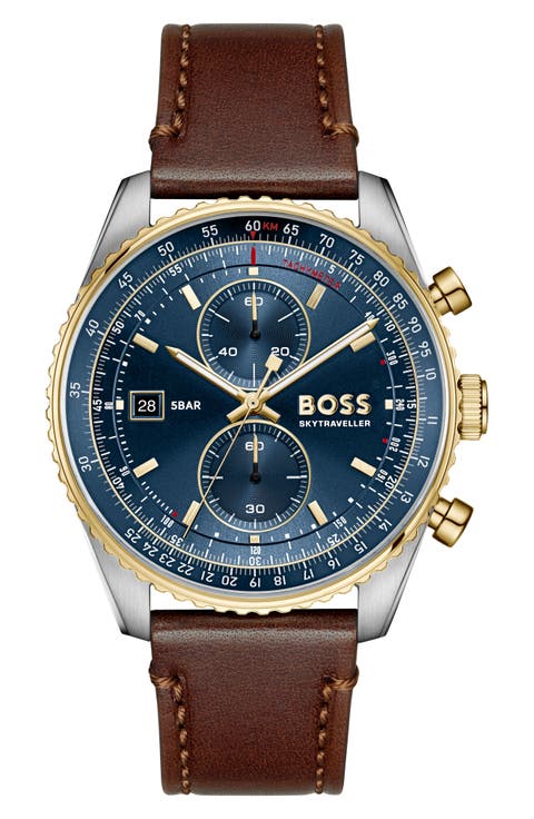 Skytraveller Chronograph Leather Strap Watch, 43mm