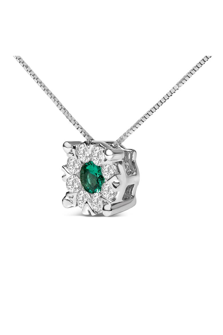 14K Gold Emerald & 1/3 Cttw Diamond Halo Pendant Necklace, Alternate, color, White