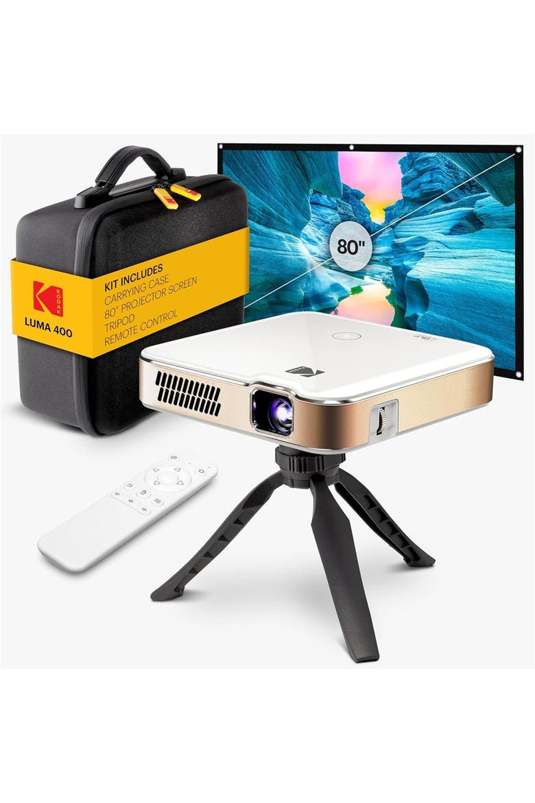 Luma 400 Smart Projector, HD Portable Pico Projector with 80" Screen, Remote, Tripod & Case, Main, color, White