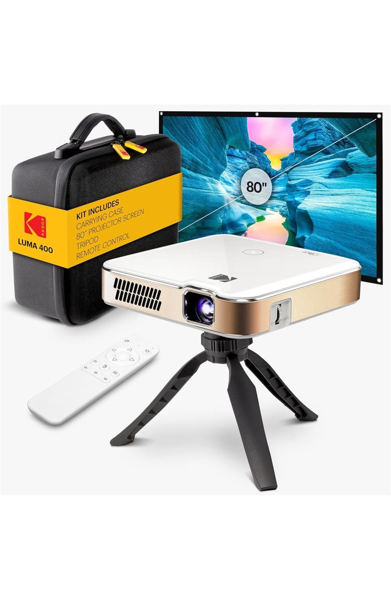 Kodak Luma 400 Smart Projector, HD Portable Pico Projector with 80" Screen, Remote, Tripod
Case, Main, color, White