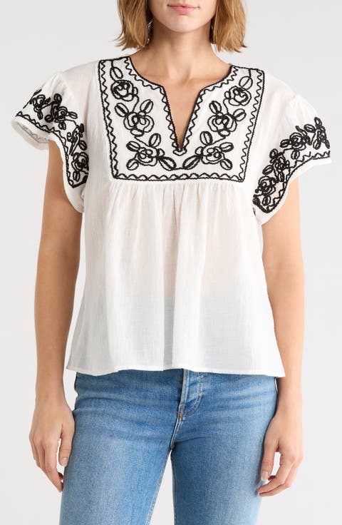 Soutache Trim Top with Flutter Sleeves
