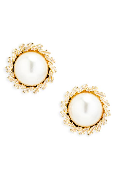 Faux Pearl & Cubic Zirconia Button Stud Earrings