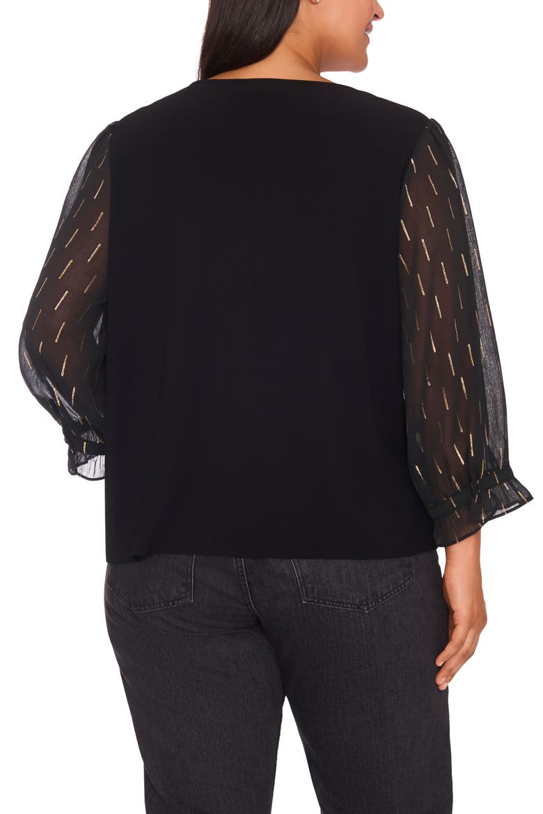 Foil Clip Sleeve V-Neck Mixed Media Top, Alternate, color, RICH BLACK