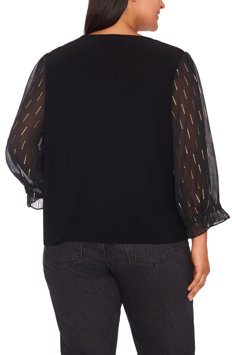 CeCe Foil Clip Sleeve V-Neck Mixed Media Top, Alternate, color,
