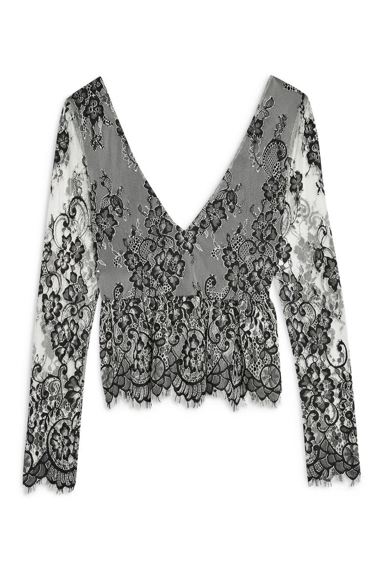 Tie Back Lace Peplum Top, Alternate, color, BLACK MULTI