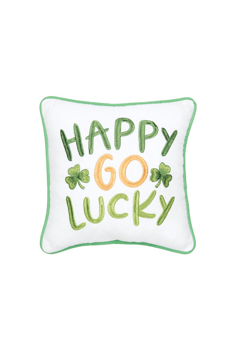 St. Patrick's Day "Happy Go Lucky" Embroidered Mini Cotton Accent Pillow, 10" x 10", Main, color, Green