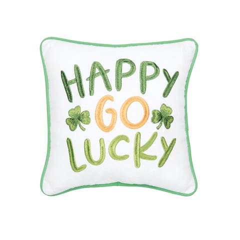 St. Patrick's Day "Happy Go Lucky" Embroidered Mini Cotton Accent Pillow, 10" x 10"