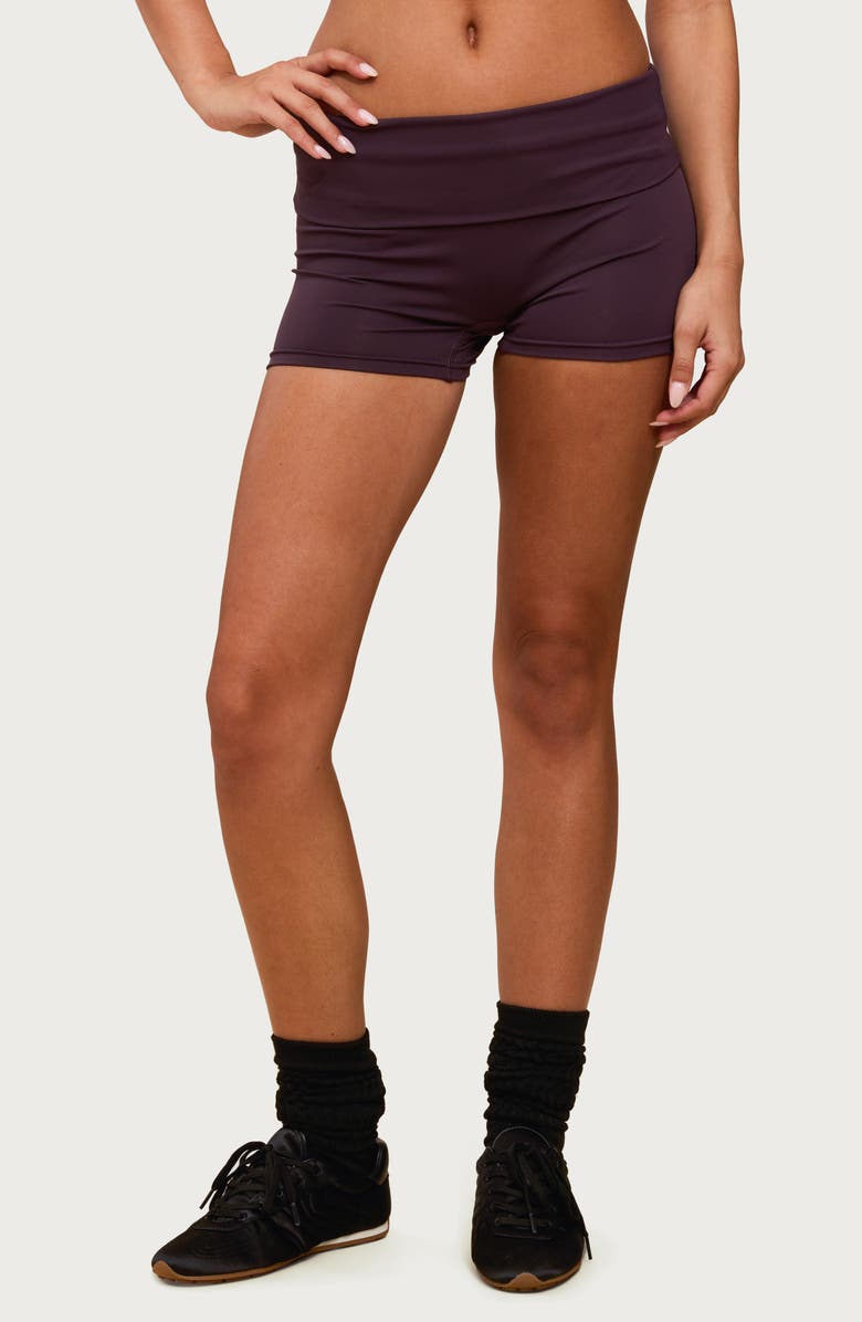 EDIKTED Soraia Foldover Bike Shorts, Main, color, Plum
