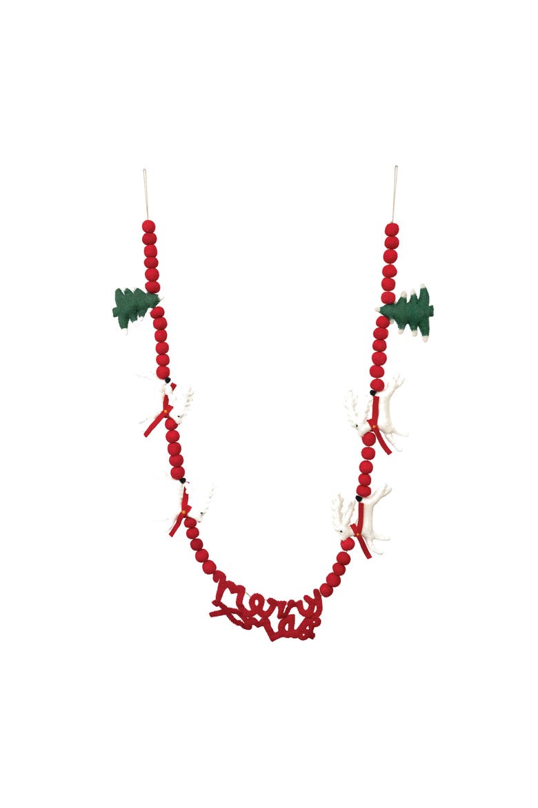Wool Felt Ball Garland with Reindeer, Trees in Red & White & Green Color, Main, color, Red & White