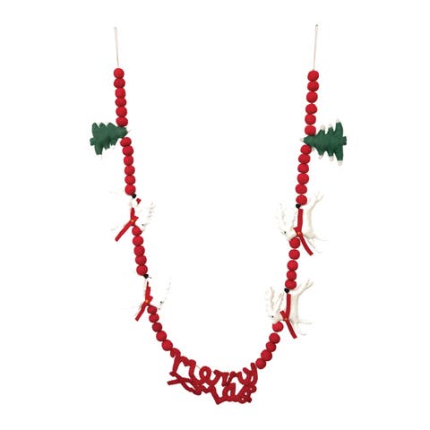Wool Felt Ball Garland with Reindeer, Trees in Red & White & Green Color