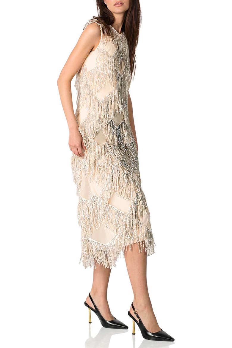 Deco Shimmer Fringe Midi Dress, Alternate, color, Silver