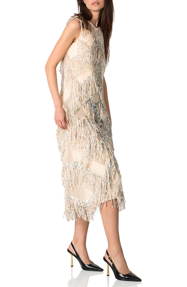 IVONNE Deco Shimmer Fringe Midi Dress, Alternate, color, Silver