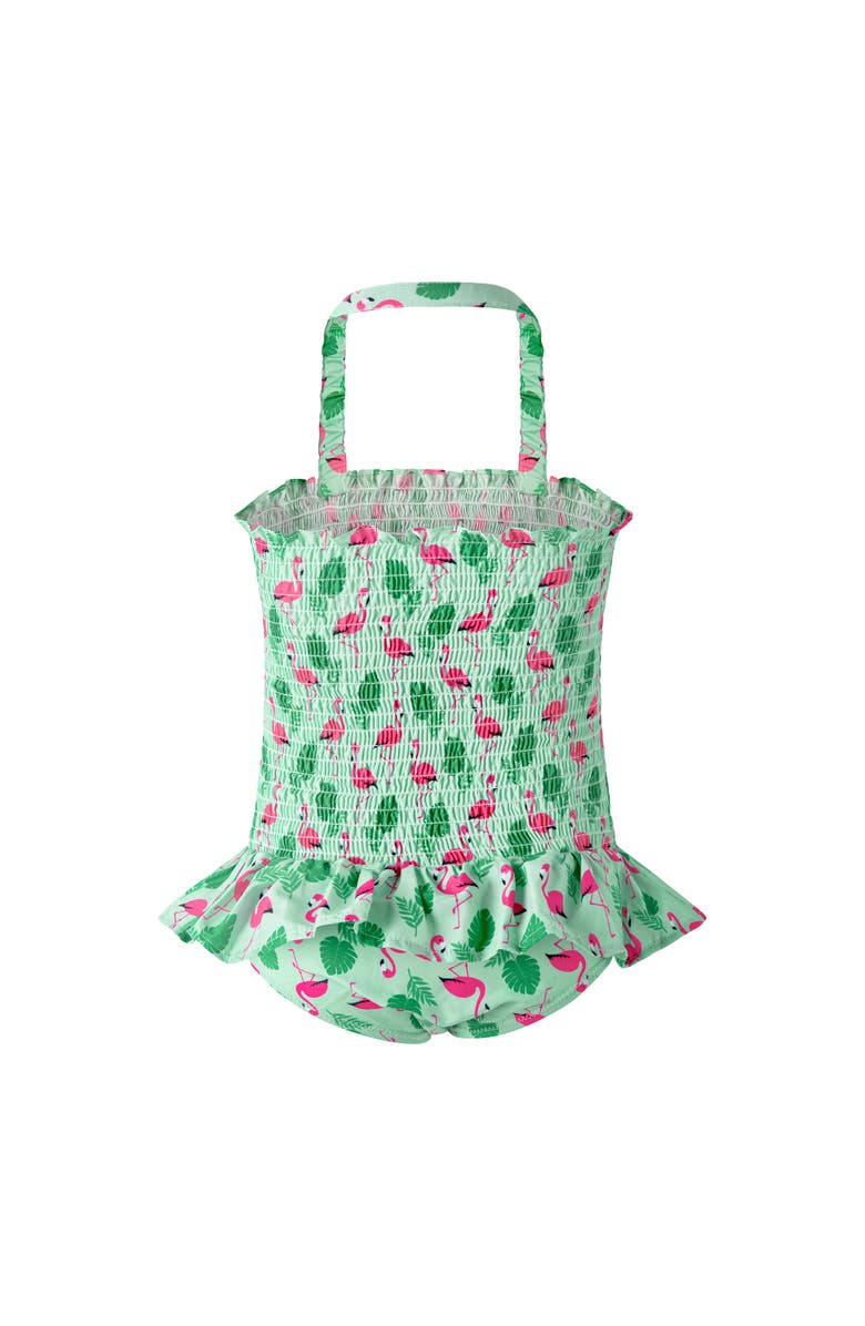 Rachel Riley Flamingo Ruched Swimsuit, Alternate, color, Green