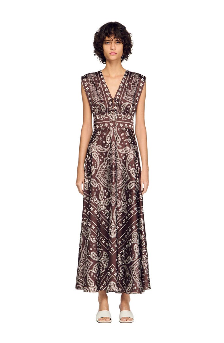SANDRO Bandana-print maxi dress, Main, color, Taupe / White
