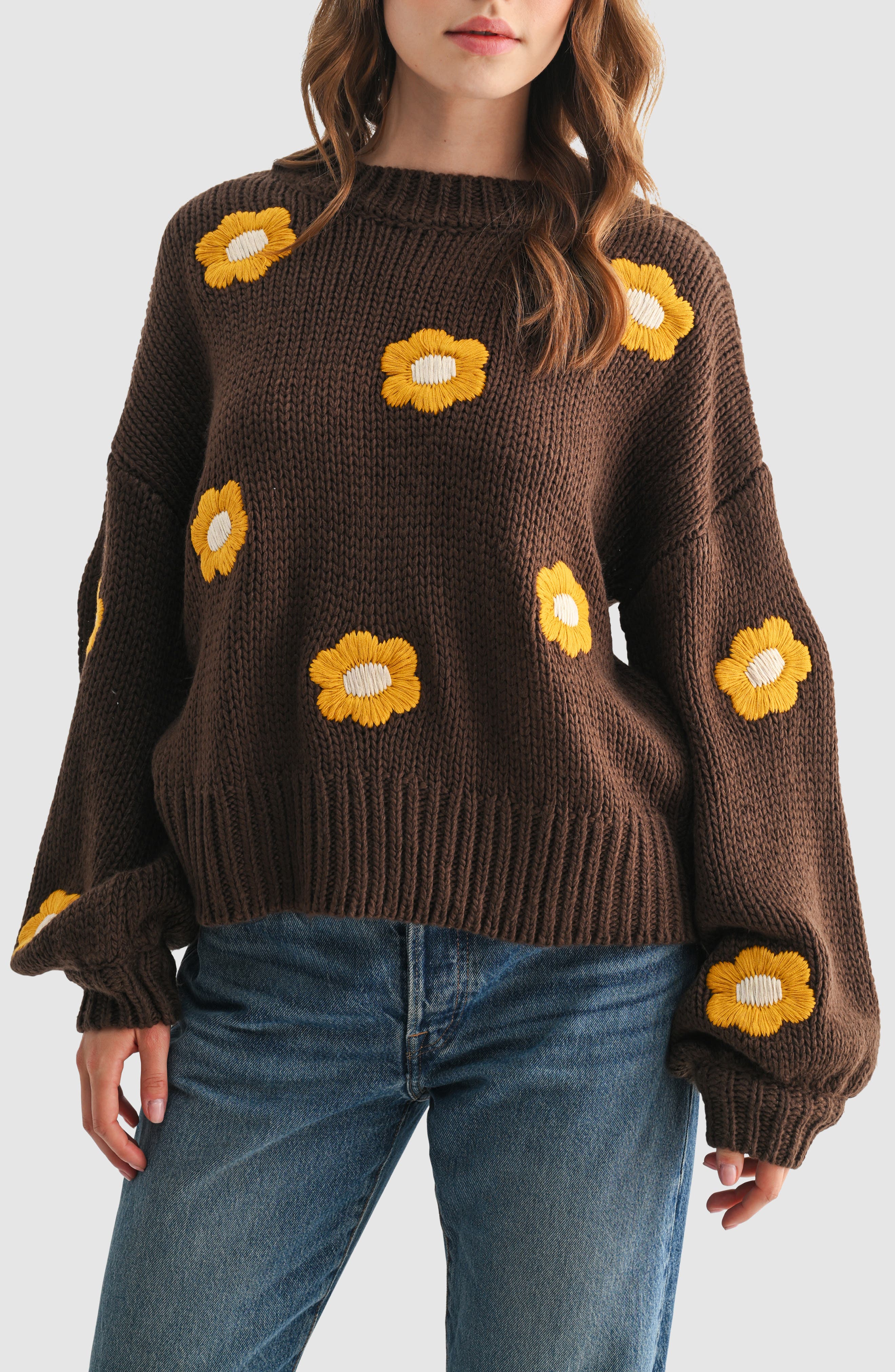 All in Favor Embroidered Flower Crewneck Sweater