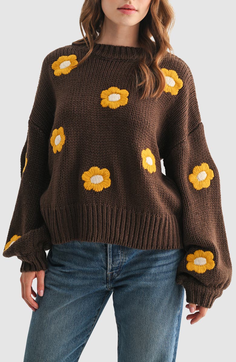 All in Favor Embroidered Flower Crewneck Sweater, Main, color, Brown Mustard Flower