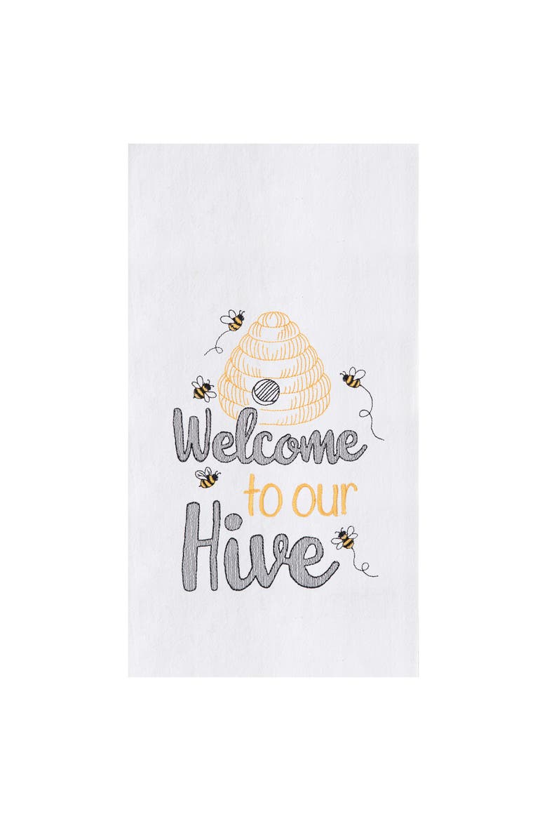 18" x 27" Welcome To the Hive Flour Sack Embroidered Cotton Kitchen Towel, Main, color, White