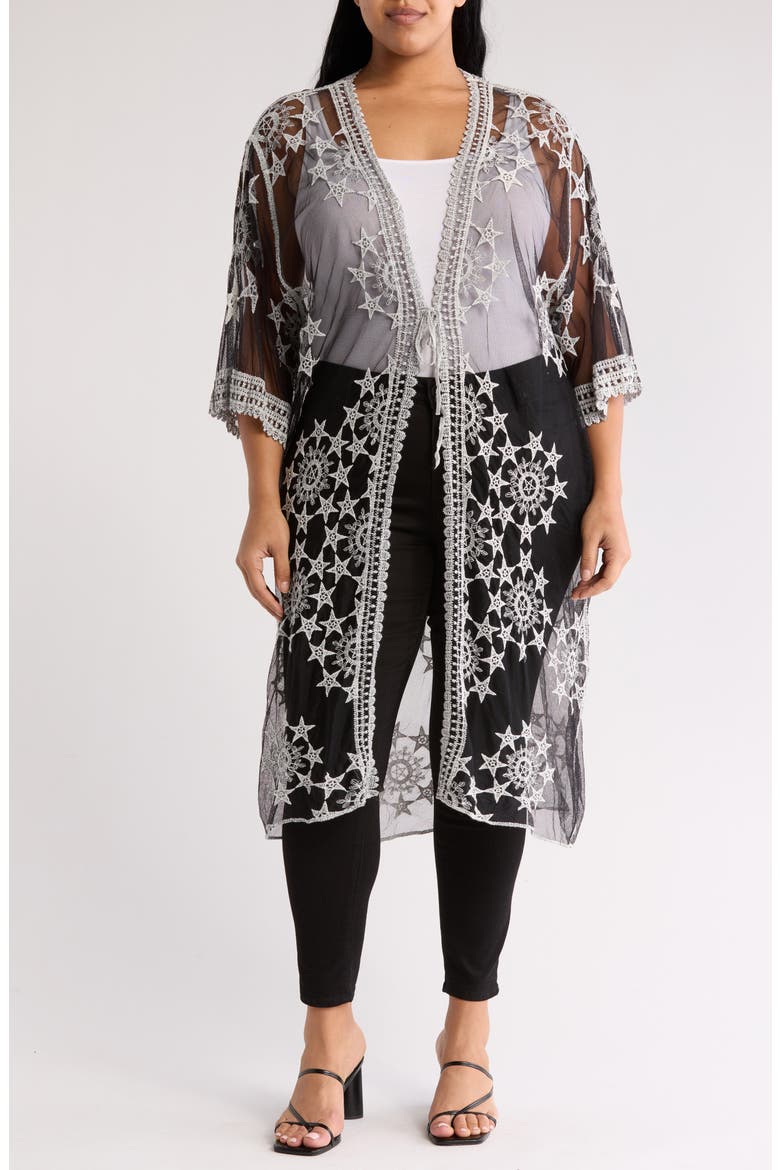 Embroidered Tie Front Duster, Main, color, BLACK/ WHITE