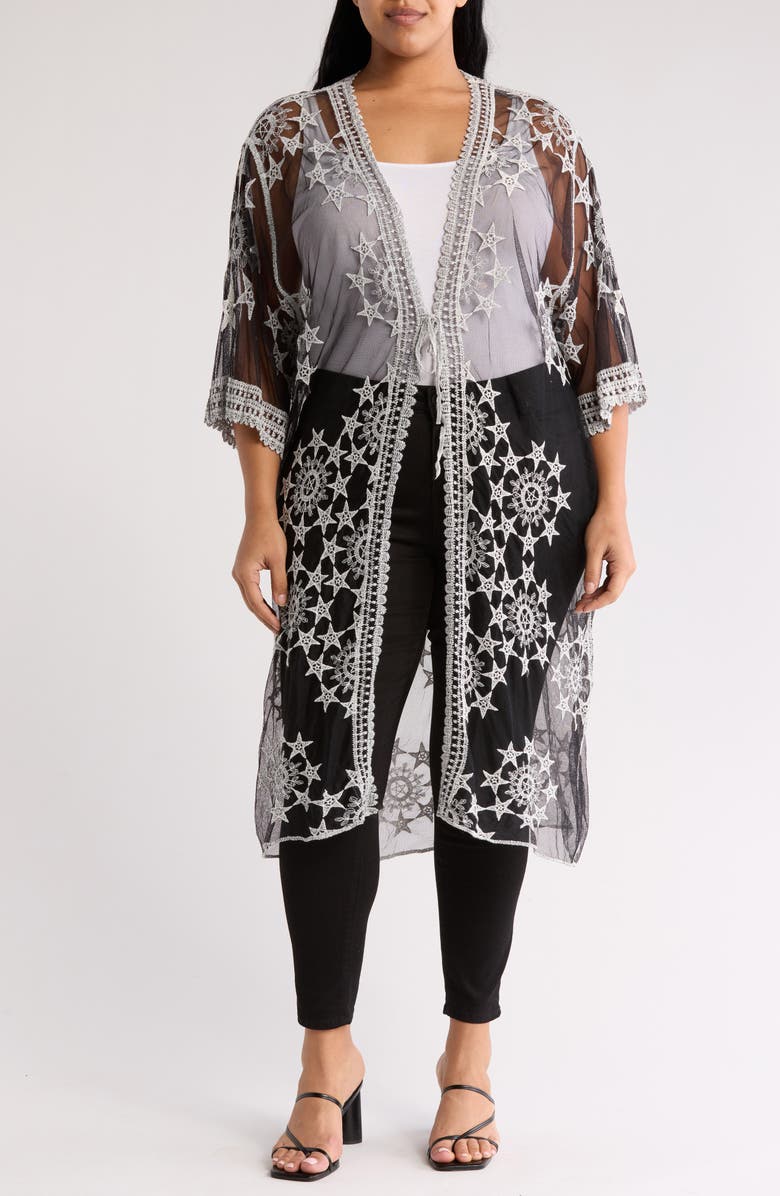 Forgotten Grace Embroidered Tie Front Duster, Main, color, Black/ White