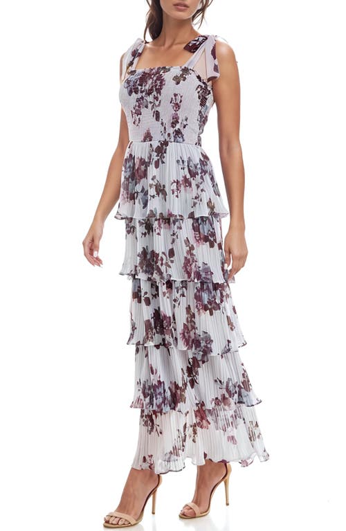 Socialite Floral Print Pleated Tier Maxi Dress In Grey/mauve