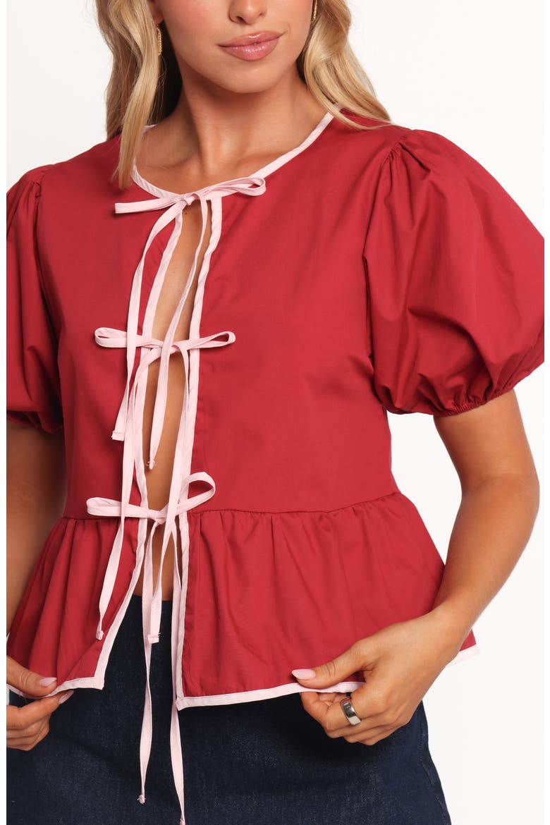 Ellien Tie Front Puff Sleeve Top, Alternate, color, RED