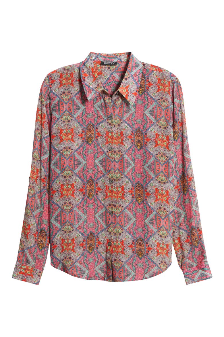 Print Roll-Up Sleeve Chiffon Button-Up Shirt, Alternate, color, PINK MULTI