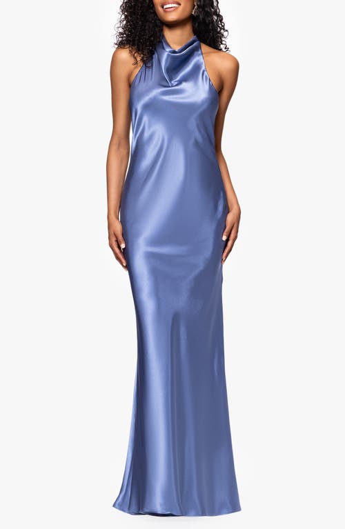 Betsy & Adam Halter Charmeuse Gown In Blue