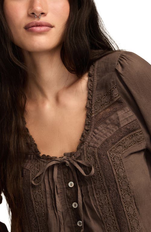 Lucky Brand Lace Trim Long Sleeve Swing Top In Brown