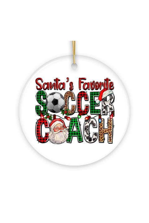 Santas Favorite Soccer Coach Plaid Ceramic Ornament