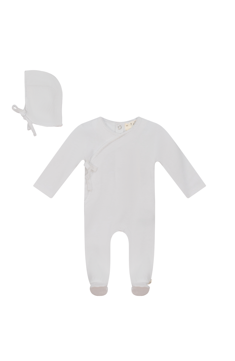 Bebe Bella Knitted Wrap Romper with Bonnet, Main, color, White