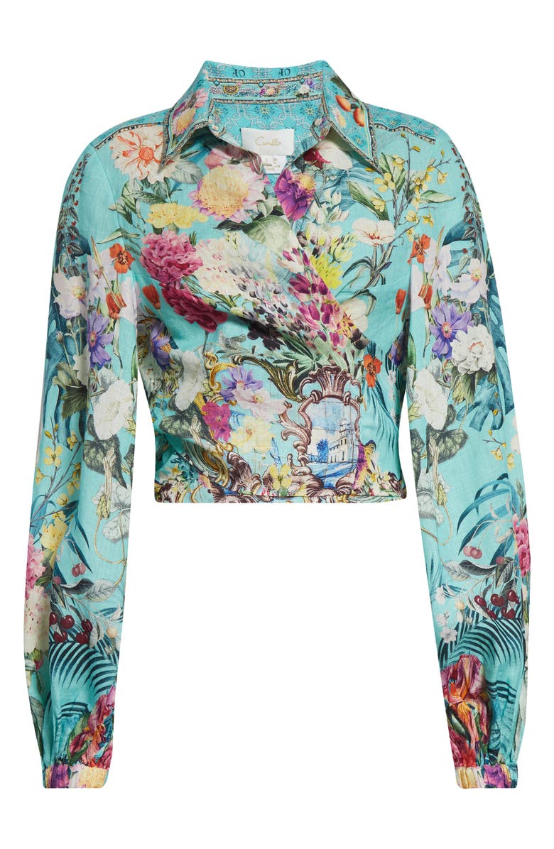 Camilla Crystal Embellished Crop Linen Wrap Shirt, Alternate, color, Gardens Of Queluz