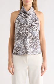 Renee C Animal Print Satin Halter Neck Top