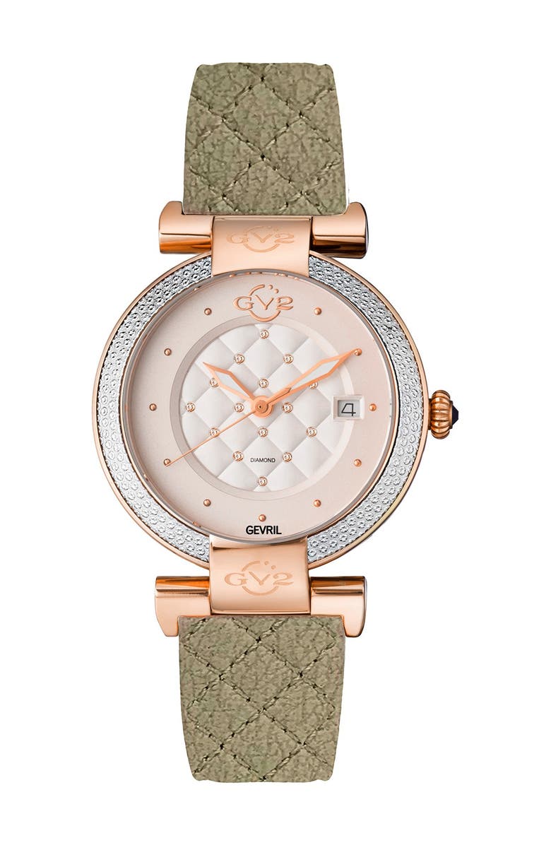 GV2 Berletta White Dial Olive Vegan Quilted Strap Watch, 37mm - 0.0044ctw, Main, color, 