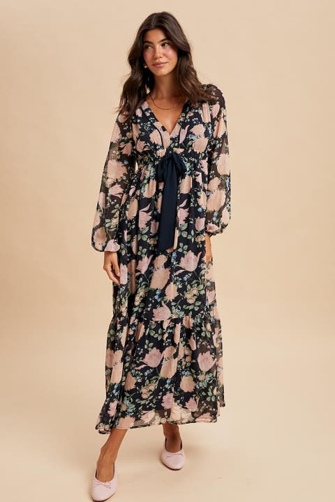 Floral Chiffon Bow Tie Front Maxi Dress