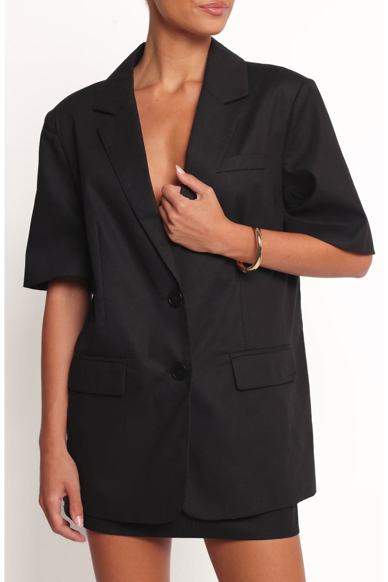 Brielle Short Sleeve Cotton & Linen Blazer, Main, color, BLACK
