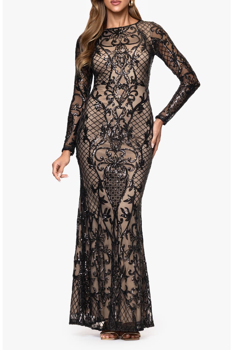 Sequin Placement Long Sleeve Gown, Main, color, BLACK/ NUDE