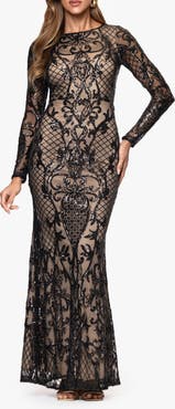 Betsy & Adam Sequin Placement Long Sleeve Gown