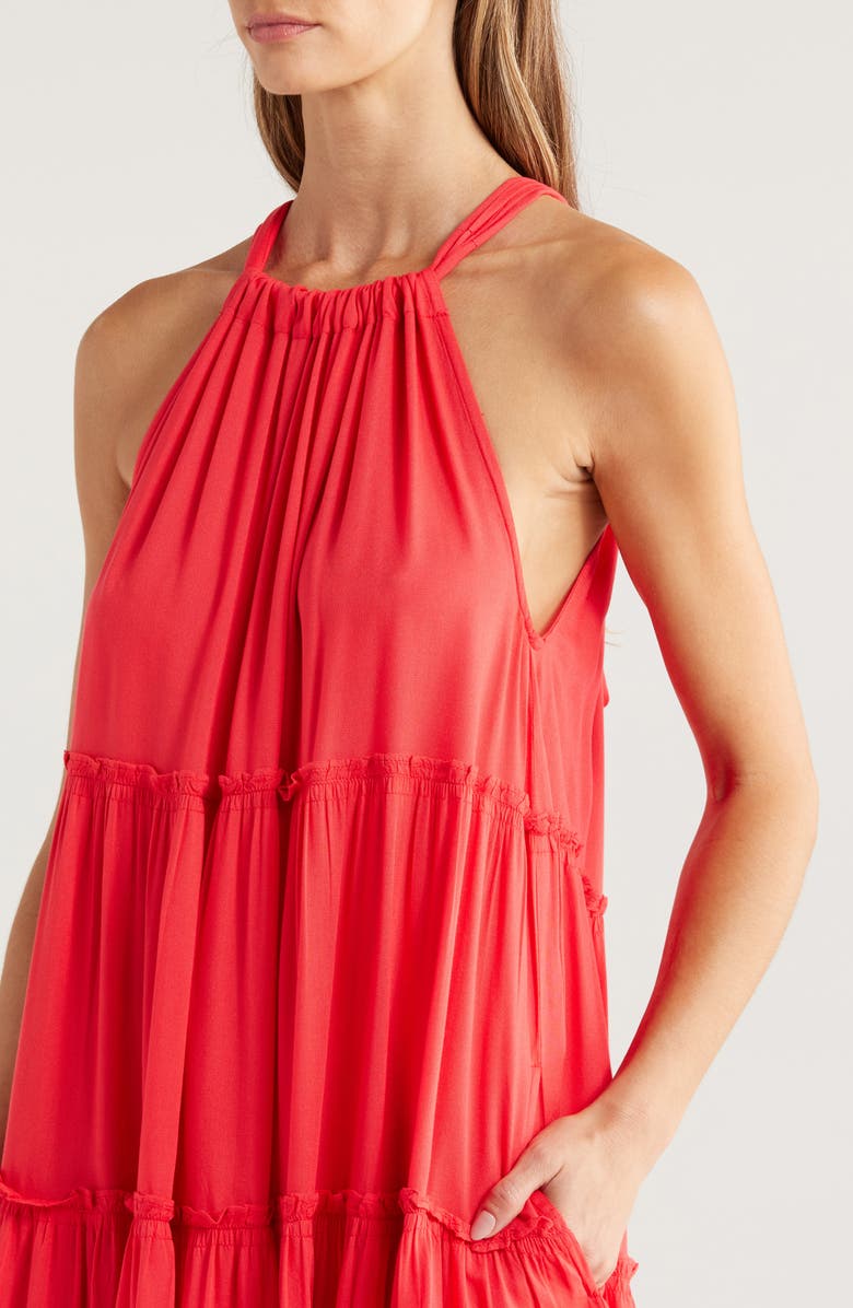 Elan Ruched Tiered Cover-Up Swing Dress, Alternate, color, Red Coral
