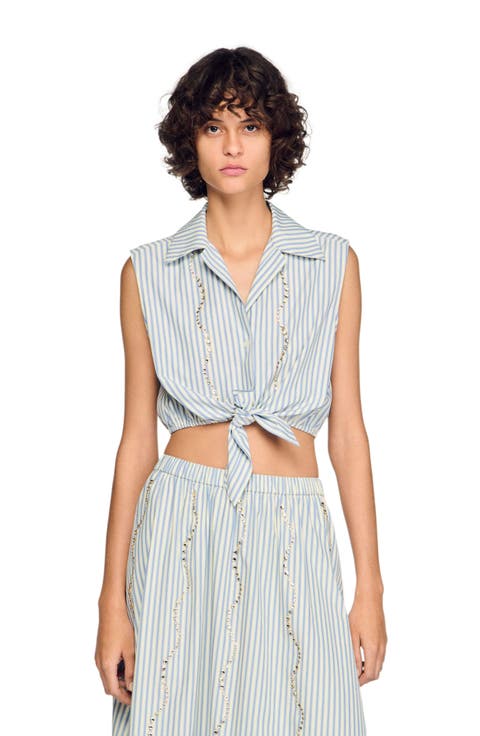Cropped striped rhinestone shirt